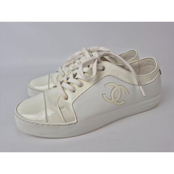 Chanel Women's Cream White Rubber Patent Leather CC Sneakers Size 37 - Picture 2 of 7